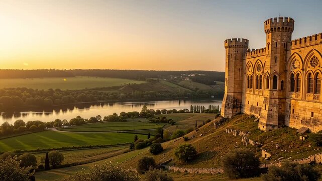 Majestic medieval stone castle overlooking a winding river at sunset