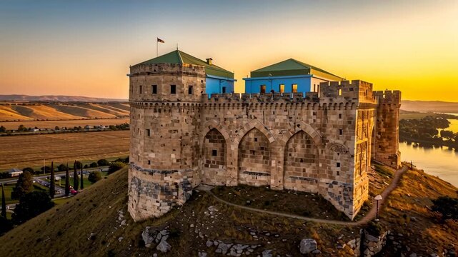 Aerial view of ancient stone fortress overlooking river at golden hour