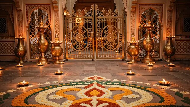 Traditional floral rangoli pattern illuminated by glowing oil lamps at night