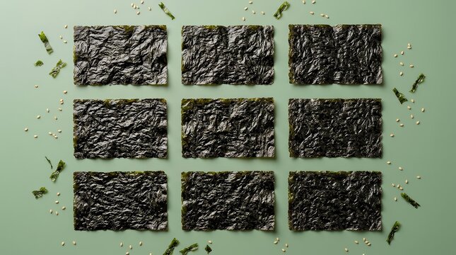 Crispy rectangular nori seaweed pieces arranged on a green background with seeds and leaves.