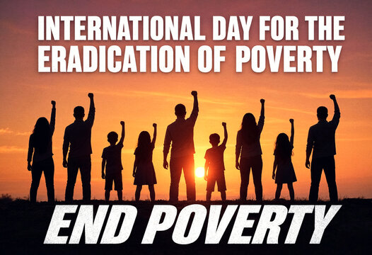 Silhouette of diverse family raising hands at sunset for international day to eradicate poverty campaign