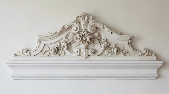 Floral plaster wall ornament pediment on white surface