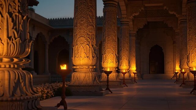 Ornate stone pillars in an ancient temple courtyard illuminated by flames