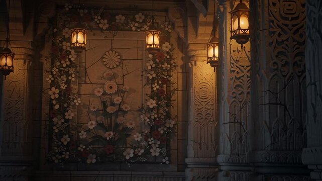 Ornate Stone Pillars with Hanging Lanterns in a Floral Temple Interior