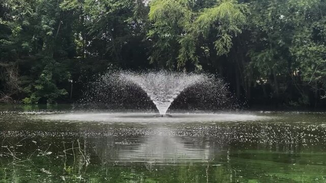 A peaceful fountain in a quiet pond