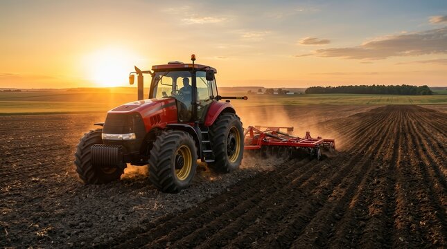 A tractor cultivates the field during spring at sunrise.
