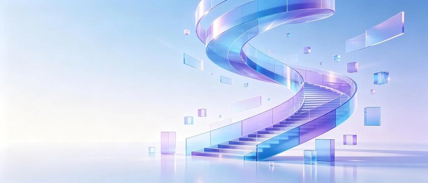 Futuristic glowing spiral staircase made of gradient blue and purple transparent glass with floating glass blocks over light clean background represents modern architecture concept