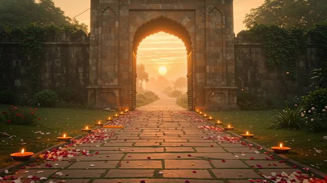 Ancient Stone Gateway Decorated for Traditional Celebration at Sunset