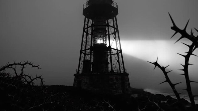Spooky black and white video of lighthouse with light beaming, ominous scene with thorn bushes and dark moody atmosphere
