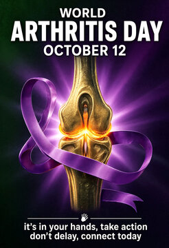 World arthritis day awareness poster with glowing knee joint and purple ribbon highlight for health campaign