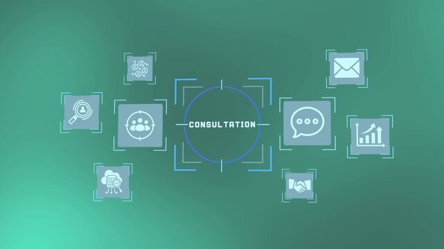 Digital visual interface displaying strategic consultation concepts and modern client advisory services.