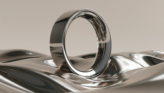 Modern minimalist 3d render of polished metallic smart ring standing on wavy reflective silver metallic surface on light neutral background shows wearable technology concept