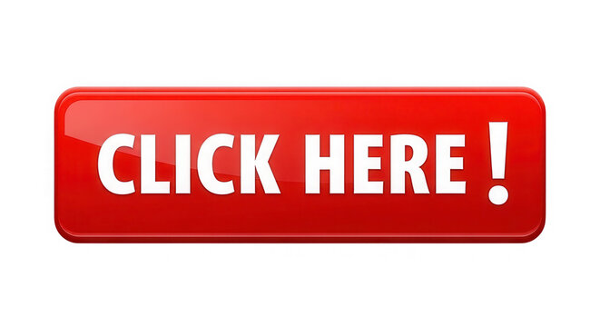 Red rectangular button with white click here text and exclamation mark isolated on transparent background