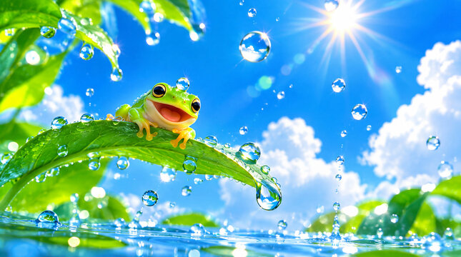 Cute green tree frog sitting on leaf in bright sunny day with water drops and blue sky background