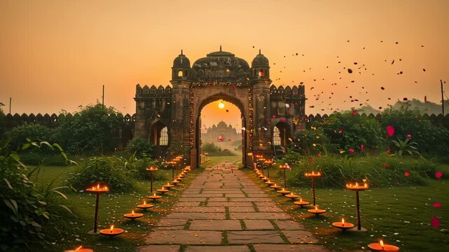 Traditional Indian stone gateway lit by oil lamps and falling flower petals during sunset celebration