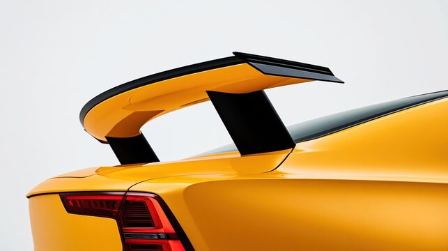 Close detail of sport yellow car rear wing spoiler with black accents and red tail light placed on plain white background shows modern automotive performance design
