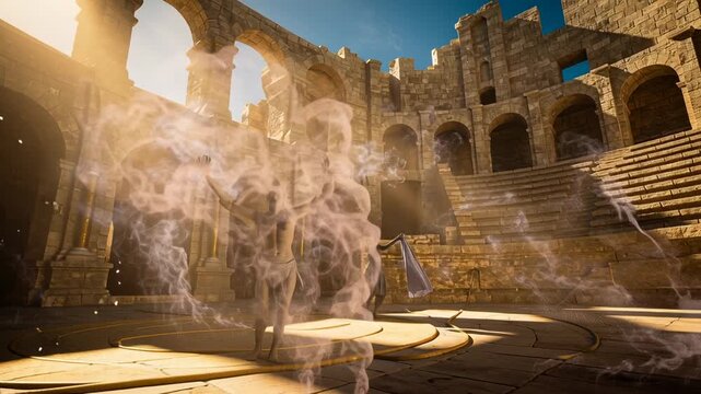 Ancient Stone Arena Battle Scene Featuring Two Warriors In Combat