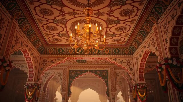 Ornate golden urn in traditional decorated hall for ancient ritual