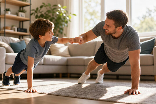 Father and Son Doing Plank Exercise and Fist Bump at Home