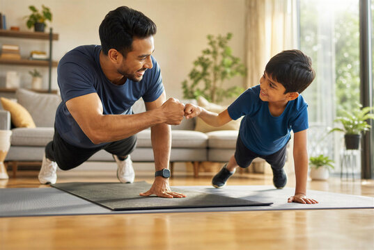 Happy Dad and Little Boy Exercising Together in Living Room