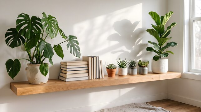 A wooden shelf with various potted houseplants and a stack of books against a white wall with soft sunlight shadows