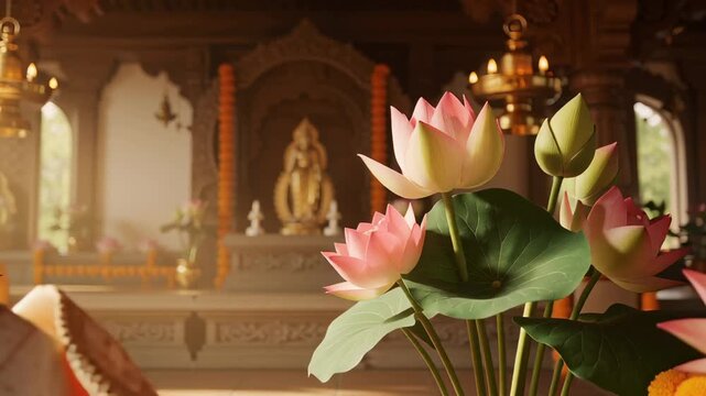 Sacred Hindu Temple Interior Featuring Floral Offerings and Conch Shell