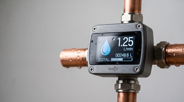 Smart digital water meter on copper pipe, smart home device monitor, IoT technology, modern plumbing utility equipment, grey background