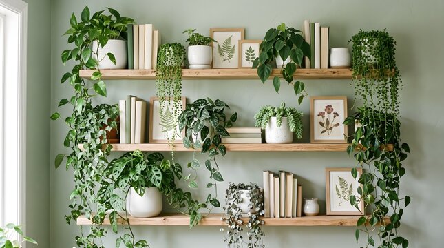 Wooden shelves mounted on a light green wall decorated with various indoor potted plants and books in a cozy living