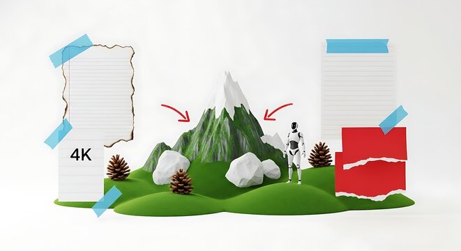 Robot standing near mountain