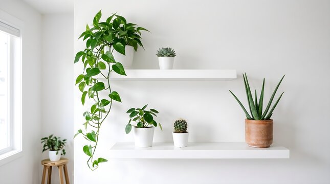 Minimalist interior design featuring white floating shelves decorated with various indoor potted plants against a clean bright white wall background