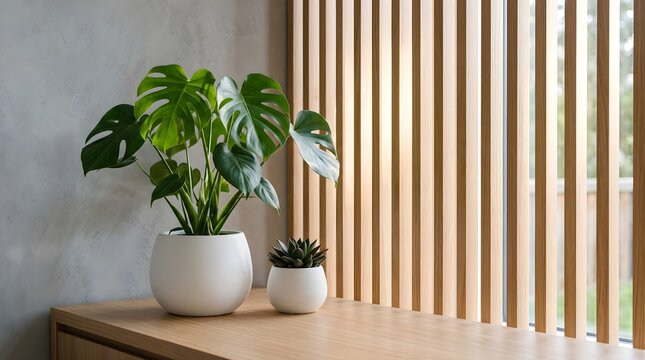 A potted monstera deliciosa plant and a small succulent sitting on a wooden table against a modern slatted wall background