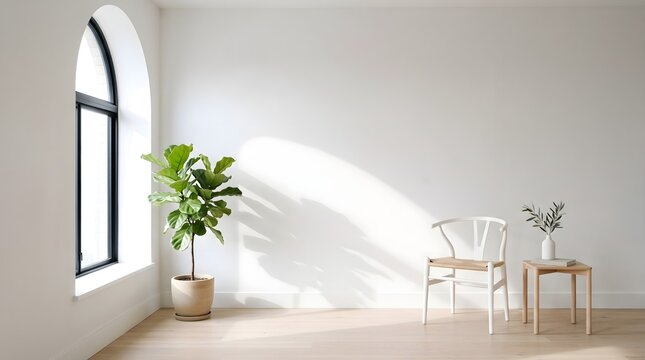 Minimalist interior room with arched window sunlight shadows green plant and wooden furniture against a clean white empty wall background