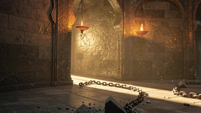 Ancient stone chamber with glowing hanging lamps and broken chains on the floor