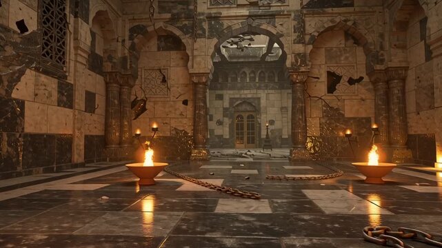 Ancient Stone Palace Hall with Burning Fire Bowls and Fallen Iron Chains