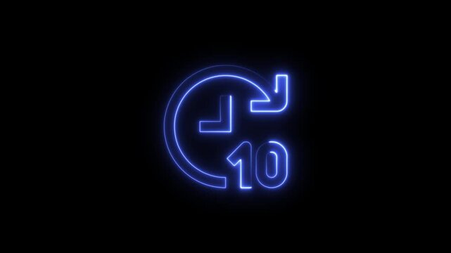 Glowing Blue Neon 10 Seconds Timer Icon Isolated on Black Background