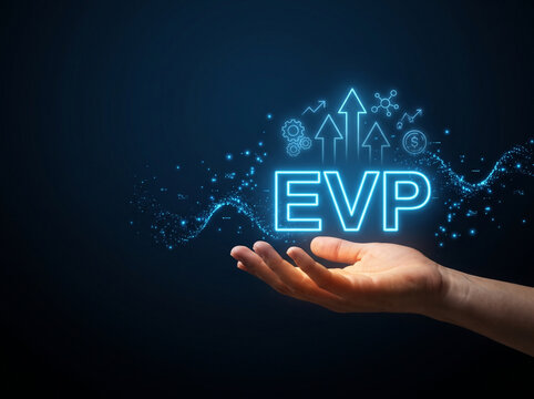 Hand presenting a glowing EVP (Employee Value Proposition) concept with digital business icons, symbolizing talent attraction, employer branding, HR strategy, employee engagement, and workplace value.