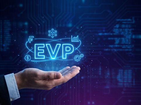 Hand presenting a glowing EVP (Employee Value Proposition) concept with digital business icons, symbolizing talent attraction, employer branding, HR strategy, employee engagement, and workplace value.