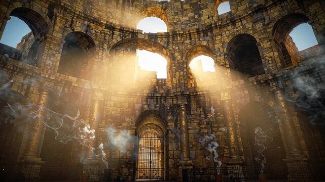 Ancient Stone Arena Ruins with Dramatic Sunbeams and Rising Smoke