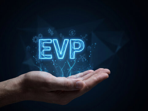 Hand presenting a glowing EVP (Employee Value Proposition) concept with digital business icons, symbolizing talent attraction, employer branding, HR strategy, employee engagement, and workplace value.