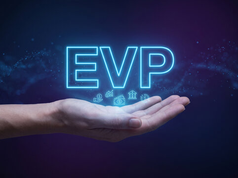 Hand presenting a glowing EVP (Employee Value Proposition) concept with digital business icons, symbolizing talent attraction, employer branding, HR strategy, employee engagement, and workplace value.