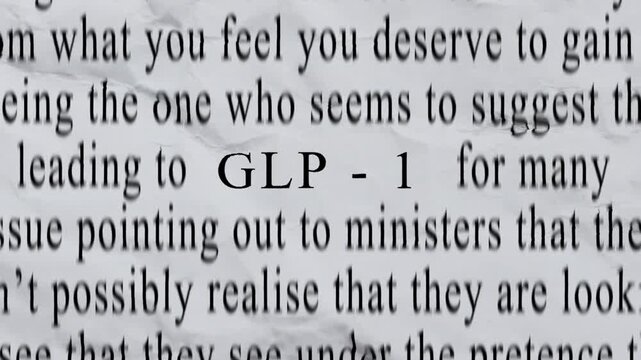 GLP-1 Text in Centre with High-energy Fast Text Stop-Motion Writing Cycling Rapidly on Crinkled Texture Paper. Newspaper Cuttings Style animation. 4K