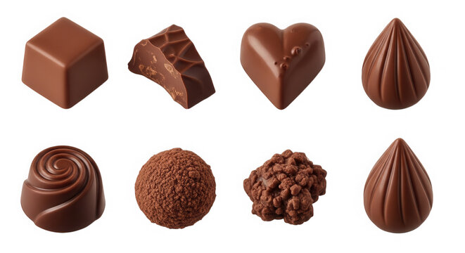Realistic brown chocolate pieces and truffles assortment isolated on transparent background