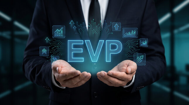 Business professional presenting glowing EVP (Employee Value Proposition) concept with digital HR and business icons, symbolizing employer branding, talent attraction, engagement, and workplace value.
