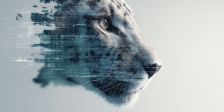 Snow leopard profile with digital data overlay futuristic art and technology concept