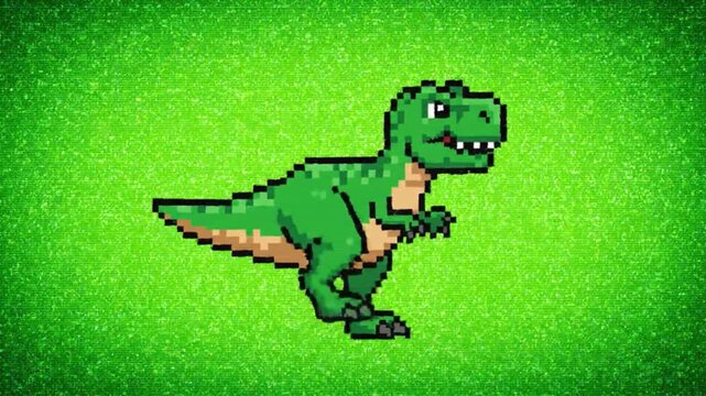 Pixel Art Green Tyrannosaurus Rex Walking. 4K Video