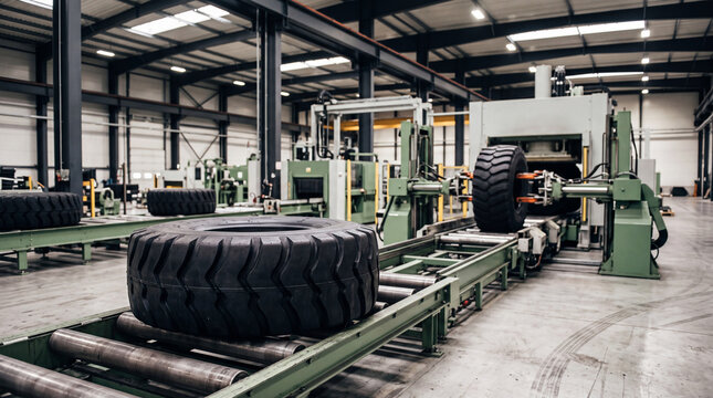 Heavy-duty tire positioned on an automated conveyor belt system in a large, modern manufacturing plant interior.