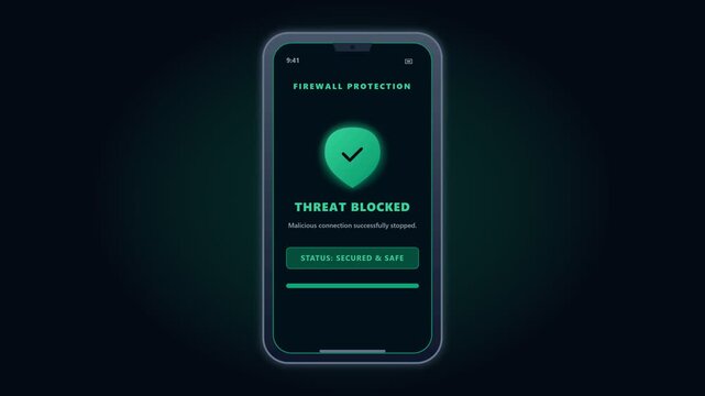 Mobile firewall protection threat blocked animation video. Green shield safe connection smartphone app interface UI motion graphic design template
