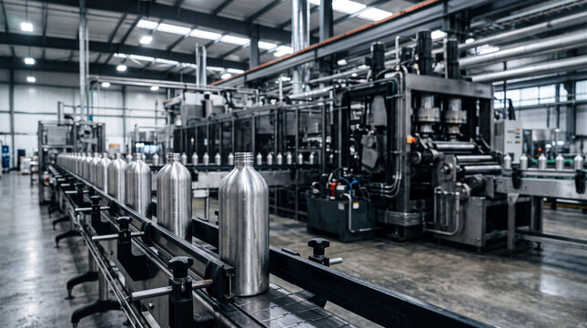 Wide view of a busy factory floor showcasing modern machinery and aluminum bottles on an automated production line.
