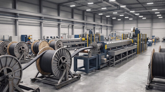 Modern industrial factory interior showing large cable spools and advanced machinery in a production line.