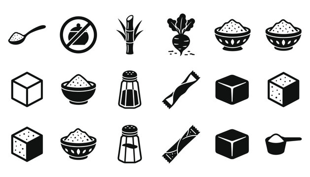 Sugar Production and Sweetener Alternatives Vector Icon Set Featuring Sugar Cubes, Cane, Beets, Shakers, Bowls, and Sugar Free Symbols for Food Packaging Designs